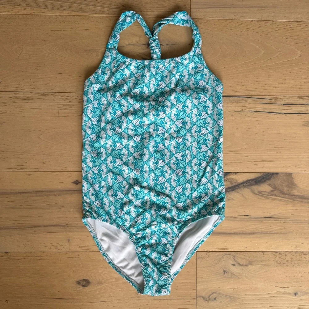 Garnet Hill Girls Teal White Fish Print One Piece Swimsuit Size 10 Racerback
